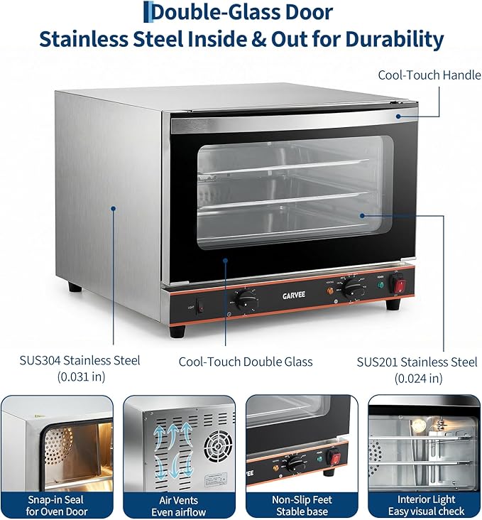 Garvee Commercial Convection Oven Countertop 46L/42Qt 1800W Toaster 3-Tier Electric Oven w/Front Glass Door Trays Wire Racks Clip Gloves 120V