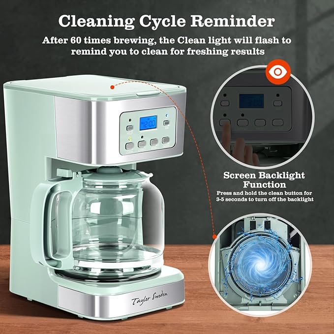 Taylor Swoden 12-Cup Programmable Coffee Maker Regular &amp Strong Brew Drip Coffee Machine for Home and Office Glass Carafe Pause &amp Serve Auto Shut Off Green &amp Stainless Steel