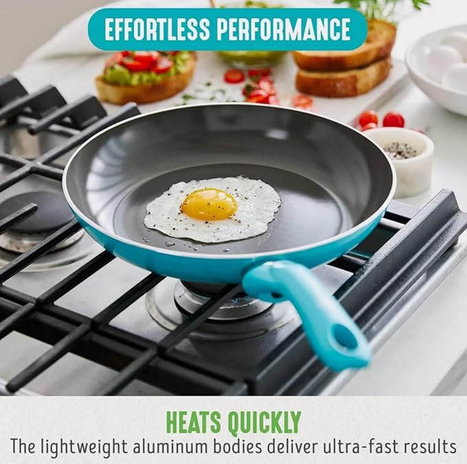 Essentials 12pc Ceramic Nonstick Aluminum Cookware Set Dishwasher Safe Induction Compatible Includes 3 Frying Pans 2 Sauce Pans with Lids Ladle &amp Spoons Caribbean Blue