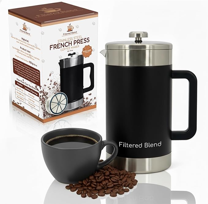 1.6L French Press Coffee Maker 54oz Large Capacity French Press Stainless Steel Brewer with Double Filter Mesh for Kitchen Travel Camping Hot &amp Cold Brew Coffee Maker Gifts (Black)
