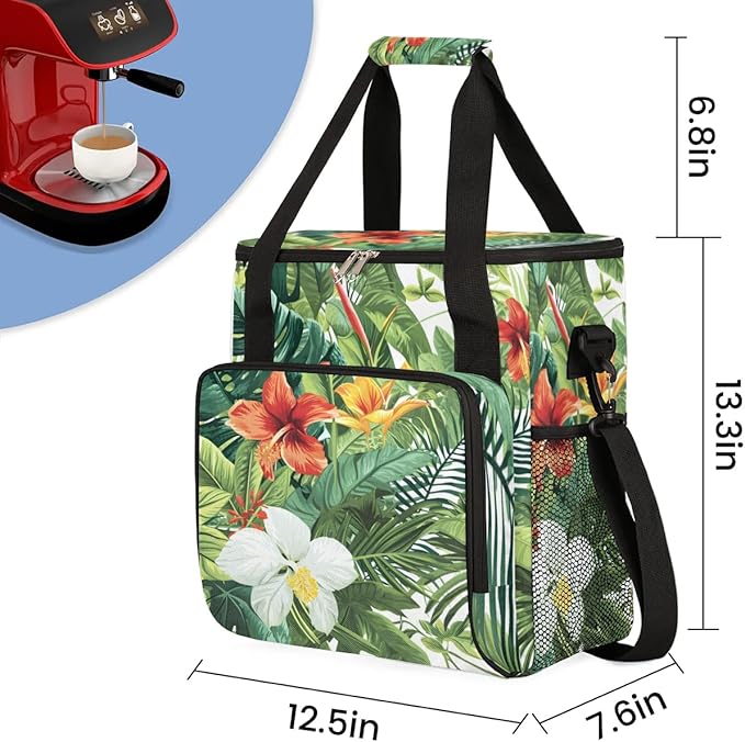 Coffee Maker Carrying Bag Palm Leaves Flower Pattern Single Cup Coffee Maker Travel Bag Compatible with Keurig K-Mini or K-Mini Plus Portable Storage Bag with Shoulder StrapAZ-209