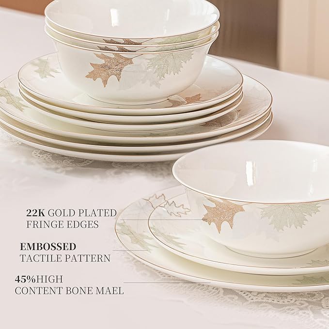 Artistic Bone China Dinnerware Set with Gold Trim Crafted with Traditional Chinese Artistry Glazed Inner Patterns Service for 4 – Maple Leaf Collection