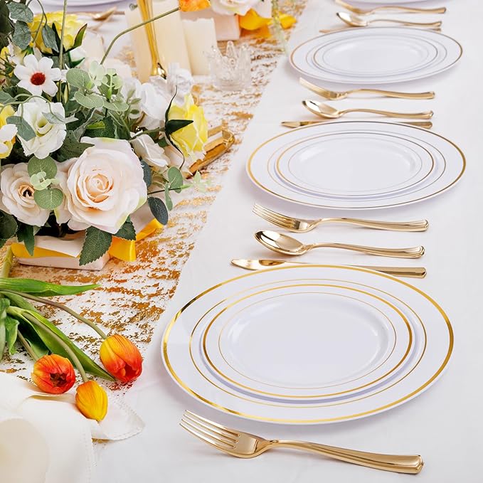I00000 60 Pieces Gold Plastic Plates Heavy Duty White and Gold Plastic Plates for 30 Guests Include: 30 Gold Rim Dinner Plates and 30 Gold Dessert Plates Perfect for Wedding &amp Party