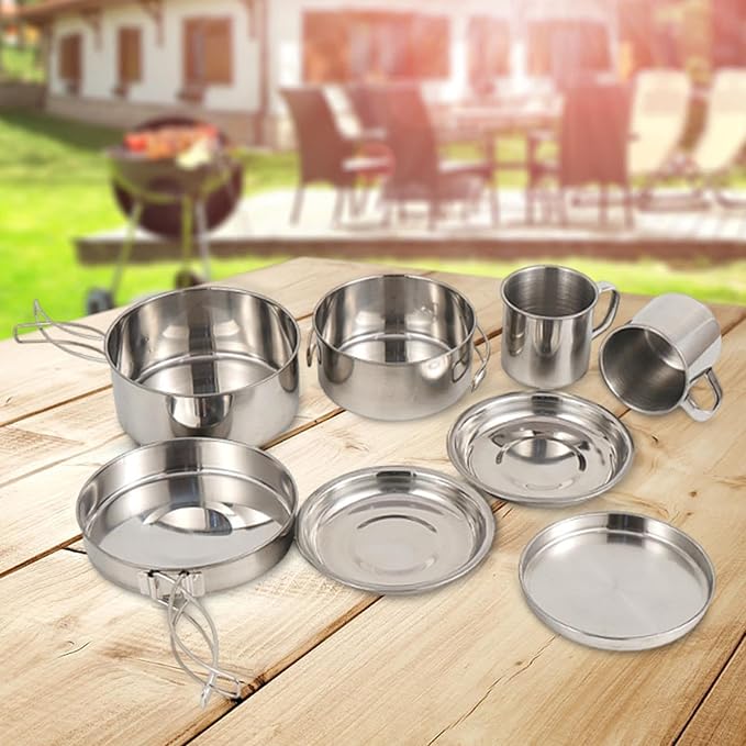 8X Camping Cookware Mess Kit Camping Utensils Set Folding Handle Cookset Pot Pan Cup Gear Outdoor Cutlery for Fishing Outdoor