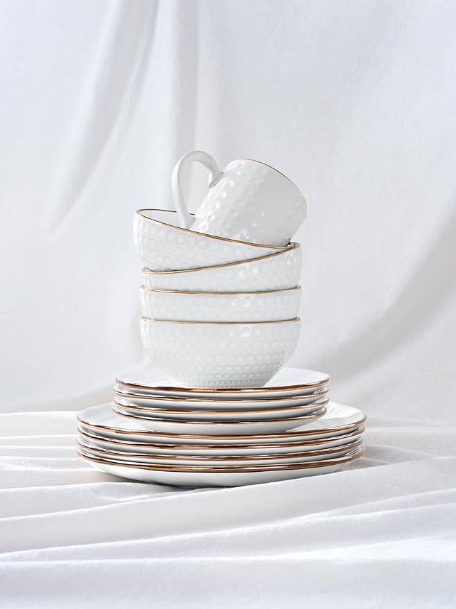 Famiware Eden Plates and Bowls Sets Stoneware Dinnerware Sets with Gold Trim 12 Pieces Dishes Set for 4 - Chip and Scratch Resistant Microwave and Dishwasher Safe White Circle
