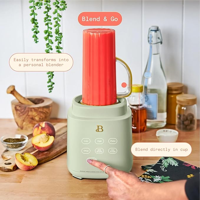 B PowerExact High-Performance 700-Watt Blender by Drew Barrymore 50-Ounce Pitcher Stainless 4-Tip Blade 3 Speeds + 4 Presets Dishwasher-Safe Parts Travel Cup Included (Sage Green)