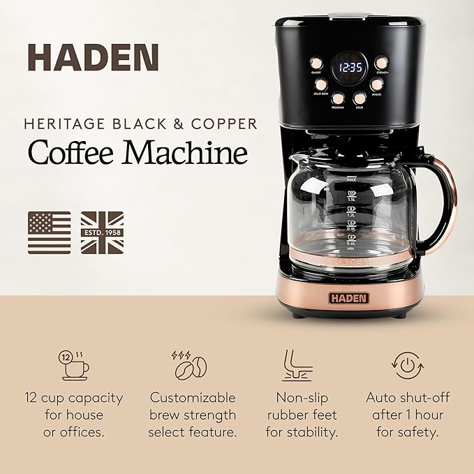 HADEN Coffee Machine 12 Cup Programmable Drip Coffee Maker with Auto Shut-Off Function and Reusable Washable Water Filter Black &amp Copper