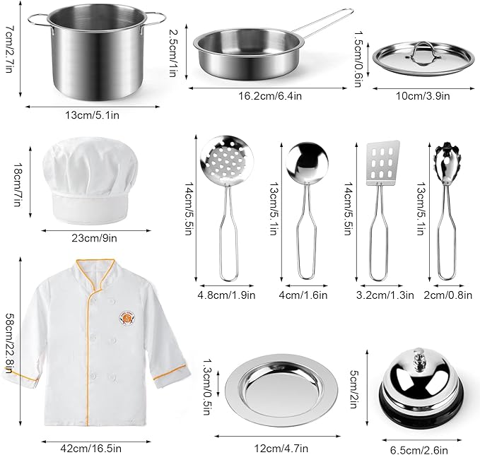 Juboury Pretend Play Kitchen Set - Toy Kitchen Accessories with Stainless Steel Cookware Pots and Pans Plates Cooking Utensils Kids Chef Coat &amp Hat Wooden Play Food for Kids Girls Boys Todd