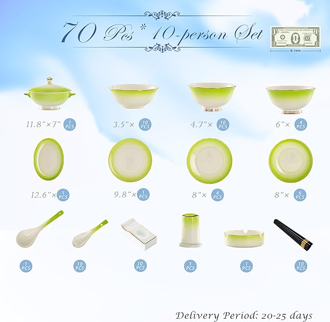 70 Pcs Fine Bone China Dinnerware SetPorcelain&ampCeramic Dinnerware Sets Bone Stoneware&ampCeramic Cookware Tableware Set Includes Dinner Plates|Spoons|Pasta Bowls|Soup Pot|Chopsticks