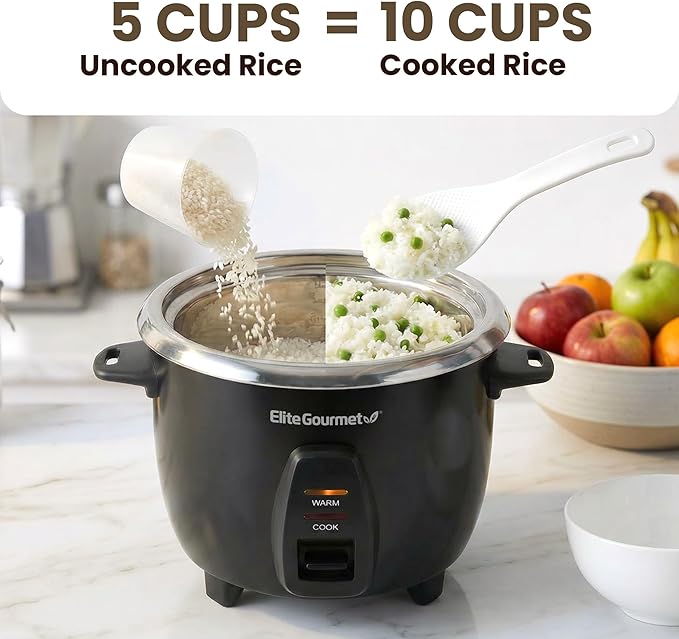 Elite Gourmet ERC2010B Electric Rice Cooker with Stainless Steel Inner Pot Makes Soups Stews Porridge's Grains and Cereals 10 cups cooked (5 Cups uncooked) Black