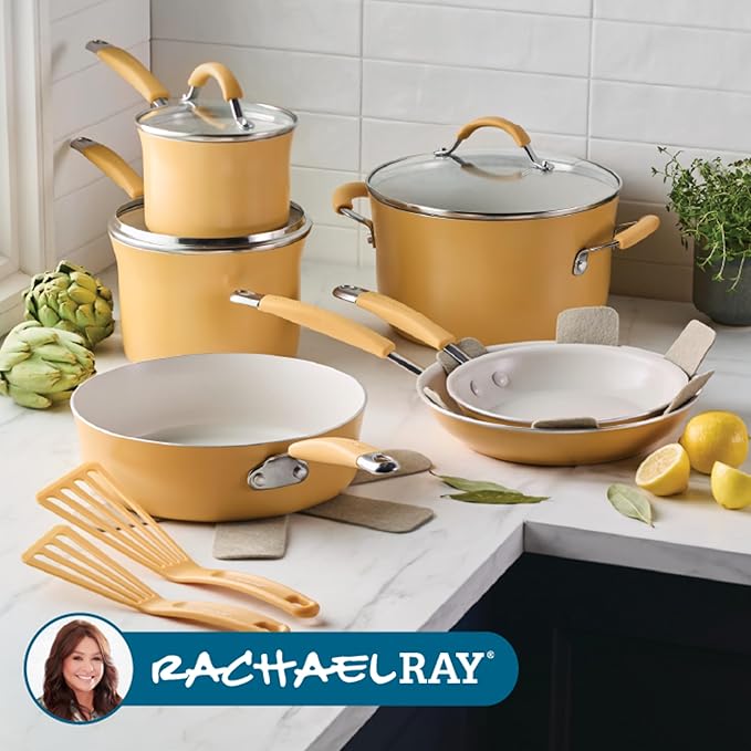 Rachael Ray Cucina Ceramic Cookware Set - 13 Pieces - Ceramic Pots and Pans Set w/Nonstick Frying Pans Saute Pan Saucepans Stockpot Lids Pan Protectors &amp Cooking Utensils - Turmeric