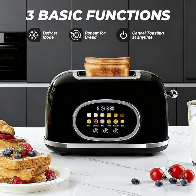 Roter Mond 2 Slice Toaster Smart Touch Screen Retro Stainless Steel Bread Toaster with Digital Timer Sleep Mode Bagel Cancel and Defrost Functions 6 Bread Types and Shade Settings Black
