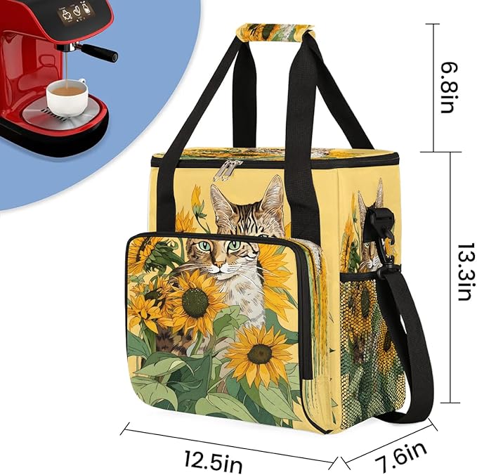 Cat and Sunflower Coffee Maker Carrying Bag for Keurig K-Mini or K-Mini Plus Storage Portable Coffee Maker Travel Bag
