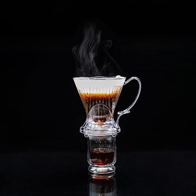 Clever Coffee Dripper and Filters Large 18 oz Original Classic Design Safe BPA Free Plastic dripper coffee maker drip coffee maker pour over 100 filters coaster and lid 18 oz (Clear)