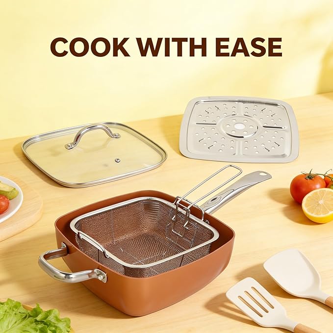 Stainless Steel Multifunctional Square Cookware Set Nonstick Pan and Deep Dish 4 - Piece - Even Heat Distribution Oven Safe to 500°F Perfect for Baking Frying and Steaming