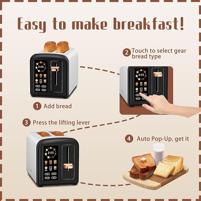 SEEDEEM Toaster 2 Slice with Touch Screen Faster Heating Speed 7 Shade Setting 6 Bread Type 1.5”Wide Slots Toaster Removable Crumb Tray 1350W Dark Chocolate