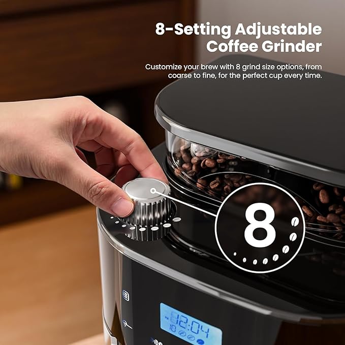 Kismile 10-Cup Digital Drip Coffee Maker with Built-In Grinder Programmable 12H Timer Keep-Warm Function Customizable Strength &amp Grind Size Coffee Machines with Smart LED Touchscreen