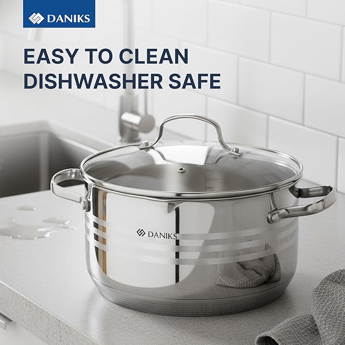 Daniks Tokio Stainless Steel Stock Pot 4.5 Quart with Glass Strainer Lid Induction Ready Dishwasher Safe Measuring Scale Silver