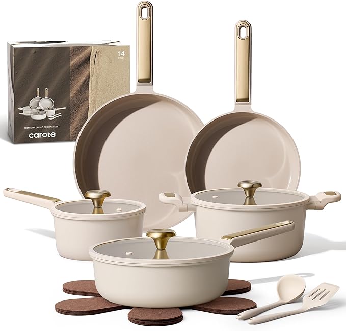 CAROTE Ceramic Cookware Set Nonstick 14pcs Pots and Pans Set Nonstick Non-Toxic &amp PFAS-Free Dishwasher RV/Camping Cookware Set Cooking Pots with Lids Light Taupe