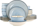 24-Piece Stoneware Dinnerware Set – Round Two-Tone Hand-Painted Dishes with Swirl Design Service for 6 Microwave &amp Dishwasher Safe Tableware (Light Blue)