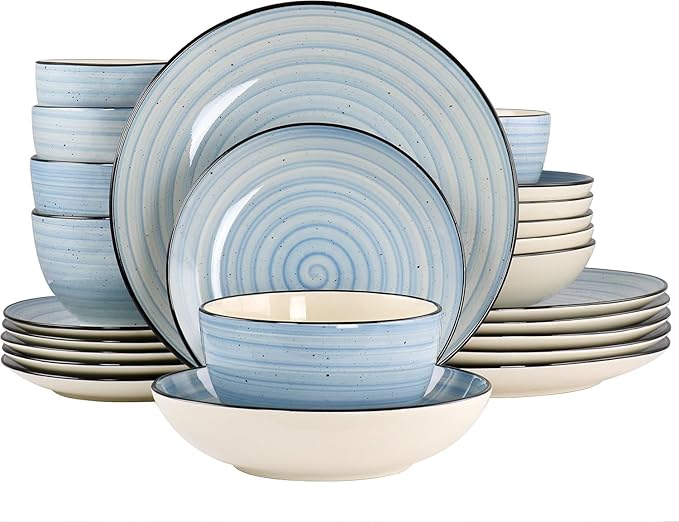24-Piece Stoneware Dinnerware Set – Round Two-Tone Hand-Painted Dishes with Swirl Design Service for 6 Microwave &amp Dishwasher Safe Tableware (Light Blue)