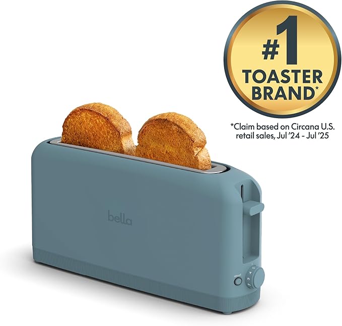 bella 2-Slice Slim Toaster with Extra Long Slot 6 Setting Shade Control with Reheat &amp Cancel Buttons Surf