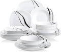 VEWEET Series Teresa 24-Piece Ivory White Porcelain Ceramic Dinnerware Set Ink and Line Patterns Square Kitchen Sets with Dinner Plate Soup Plate Dessert Plate Bowl Service for 6