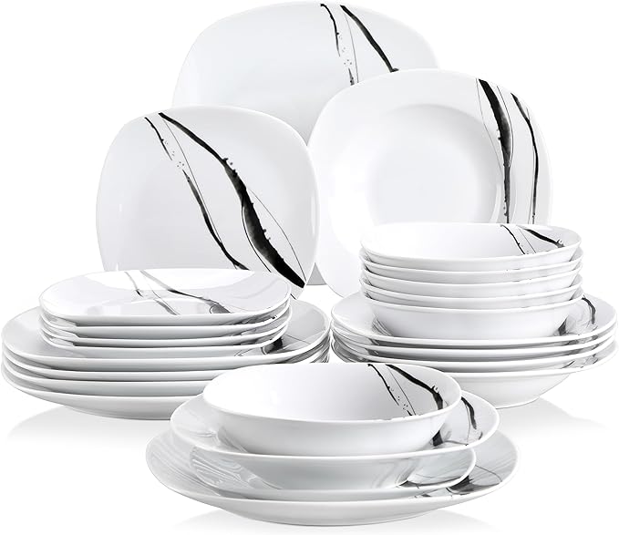 VEWEET Series Teresa 24-Piece Ivory White Porcelain Ceramic Dinnerware Set Ink and Line Patterns Square Kitchen Sets with Dinner Plate Soup Plate Dessert Plate Bowl Service for 6