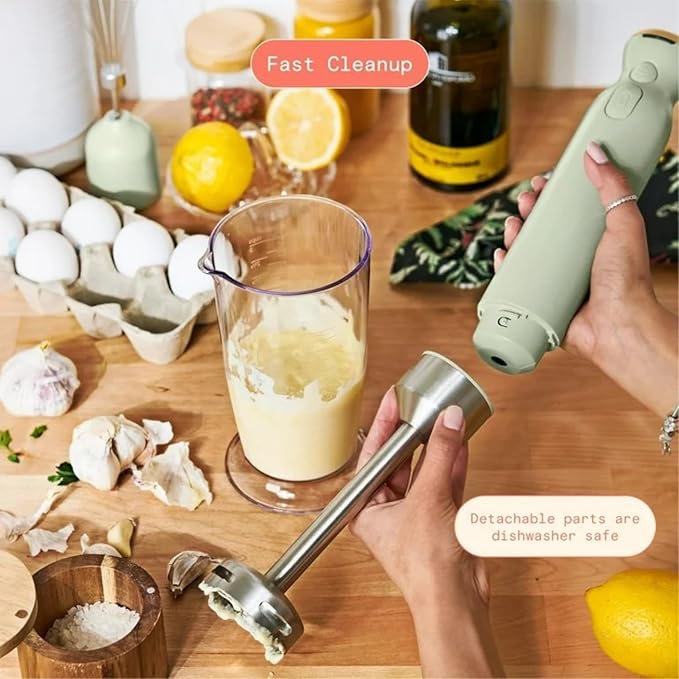 Cordless Hand Blender with 2-Cup Chopper Whisk &amp Large Measuring Cup Perfect for Cooking Smoothies Sauces Purees and Meal Prep (Sage Green)
