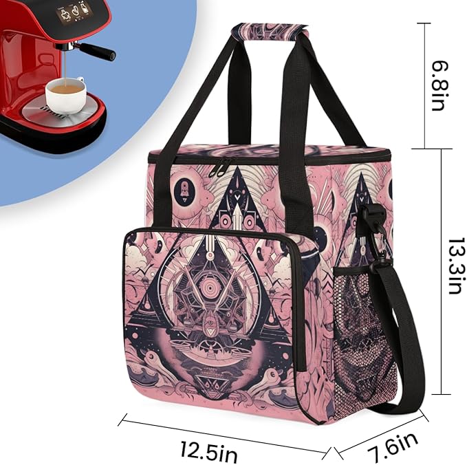 Pink Magic Circle Coffee Maker Carrying Bag Sacred Geometry Travel Storage Bag Compatible with K-Mini or K-Mini Plus Single Serve Coffee Brewer Carrying Case with Multiple Pockets &amp Shoulder Str