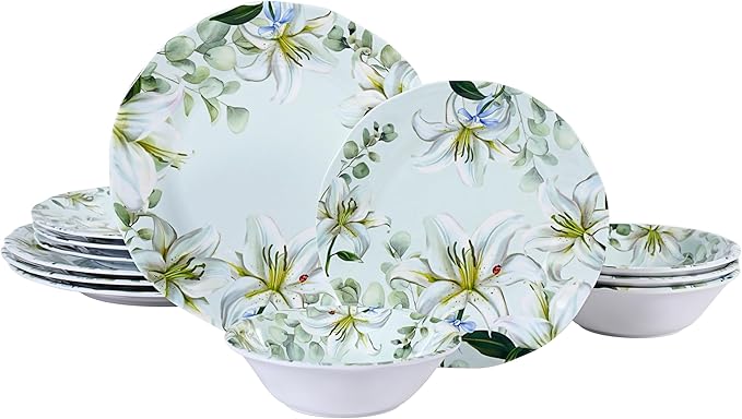 12-Piece Melamine Dinnerware Set - Shatterproof Plates and Bowls Sets for Everyday DiningElegant Lily Pattern Dish Set Outdoor Picnics and RV Camping Green &amp White