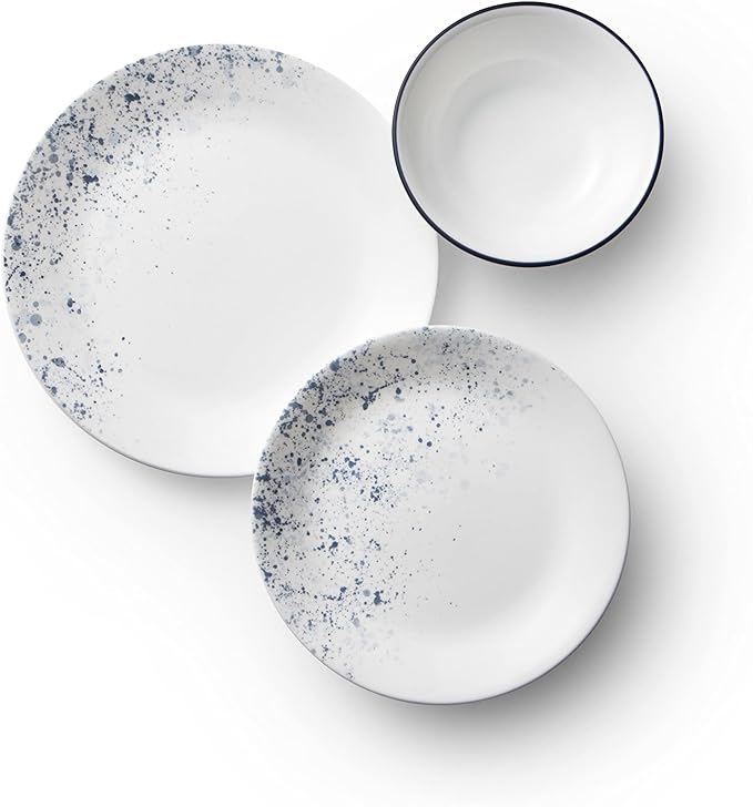 Corelle Vitrelle 18-Piece Service for 6 Dinnerware Set Indigo Speckle &amp 4-Pc Versa Bowls for Pasta Salad and More Service for 4 Durable and Eco-Friendly 30-Oz Compact Stack Bowl Set White