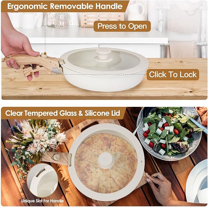 9 Pcs Pots and Pans Set White Granite Induction Cookware Non Stick Cooking Set w/Frying Pans &amp Saucepans(PFOA Free) Space Saving Detachable handles Dishwasher Safe Oven Safe