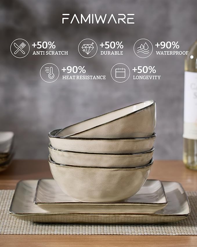 Famiware Dinnerware Sets for 4 Ocean Square 12-Piece Kitchen Plates and Bowls Sets Microwave and Dishwasher Safe Scratch Resistant Light khaki