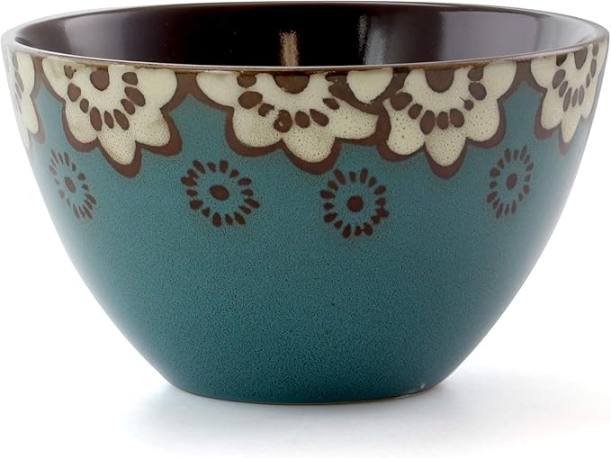 Round Stoneware Dinnerware Set - 16 Piece Tan &amp Blue Clay Heart Design Service for 4 Microwave &amp Dishwasher Safe