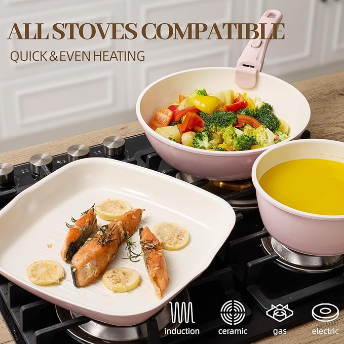23Pcs Ceramic Cookware Set Non Stick Pots and Pans Set Non Toxic with Detachable Handle Induction Kitchen Cookware Set Space Saving Oven &amp Dishwasher Safe Light Pink