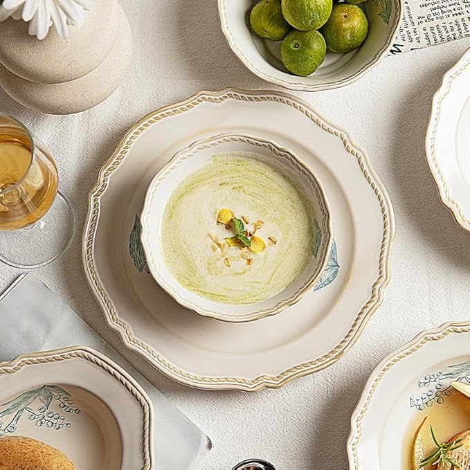 8-Piece Dinnerware Set - Lily Bloom Series Service for 4 Includes 6'' Bowls &amp 10'' Plates Retro Vintage Floral Style Microwave &amp Dishwasher Safe