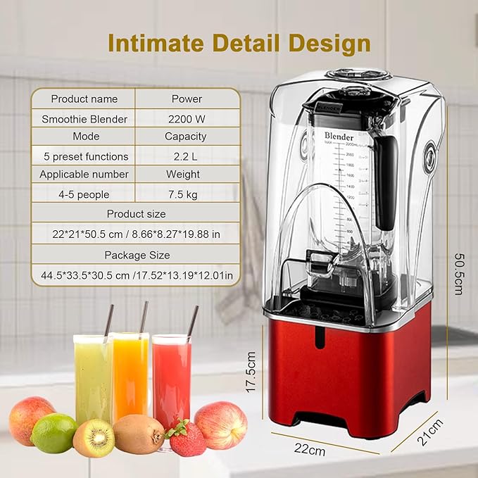 Professional Commercial Smoothie Blender 2200 W Bar Blender with 2.2 L Container Touch Display Panel &amp One Touch Cleaning for Shakes Smoothies Ice Crushing Fruits Dry Grinding