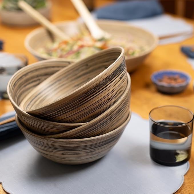 LEXA 8-Piece Handcrafted Bamboo Plate &amp Bowl Set Four 12” Serving Plates and Four 8” Bowls Spun Bamboo Dinnerware for Everyday Meals Entertaining &amp Home Décor (Black)