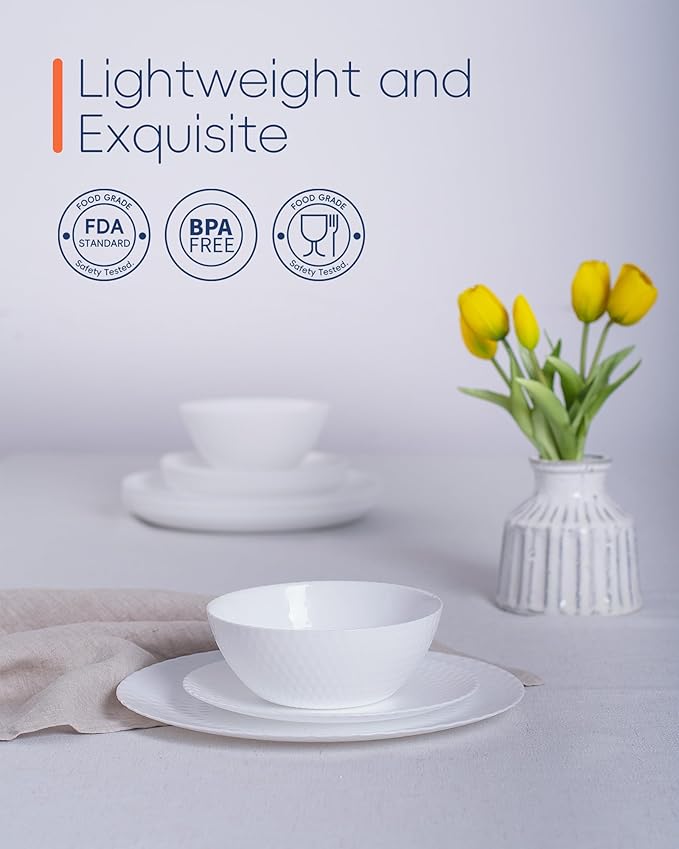 Dinnerware Sets Light &amp Durable 18 Pieces Opal Glass Plates and Bowls Set Dishwasher and Microwave Safe Dish Dinning Ware Thin but Strong Geometric Faceted White