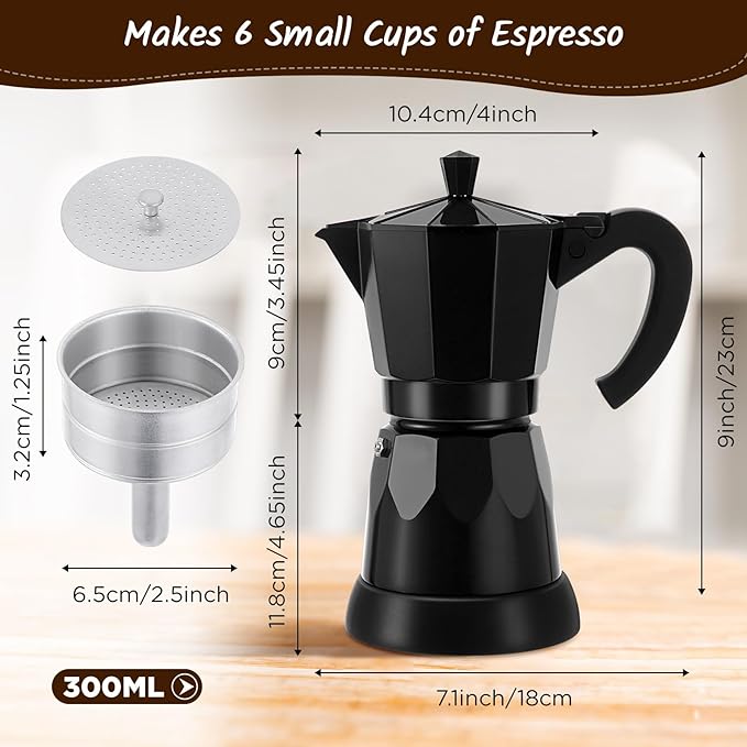 Coffee Pot 6 Cup Electric Espresso Coffee Maker Italian Moka Maker 300ml Portable Aluminum Espresso Machine Cafetera Moka Pot with Detachable Base Gift for Home Travel(Black)