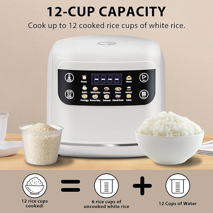 Portable Digital Rice Cooker 6-Cup (Uncooked)/12-Cup (Cooked) Small Rice Maker with Steaming Basket Mini Rice Cooker with 2L Removable Nonstick Inner Pot 10 Menu Options Auto Keep Warm 24 Hour De