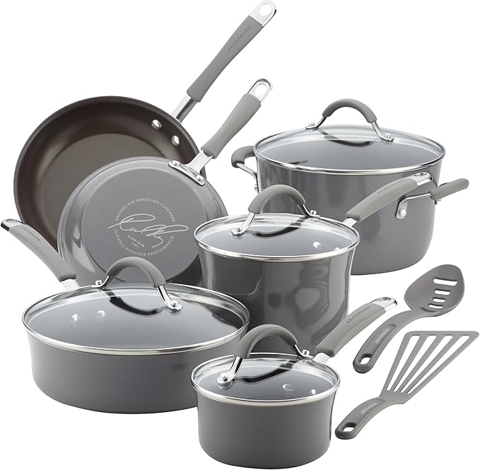 Rachael Ray - 16802 Rachael Ray Cucina Nonstick Cookware Pots and Pans Set 12 Piece Sea Salt Gray