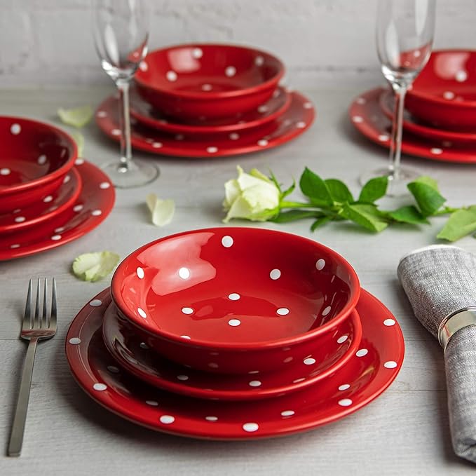 Handmade Red and White Polka Dot Ceramic 12 piece Dinnerware Set | Pottery Tableware Service for 4 | Dinner Plates | Side Plates | Bowls | Housewarming Gift by City to Cottage®