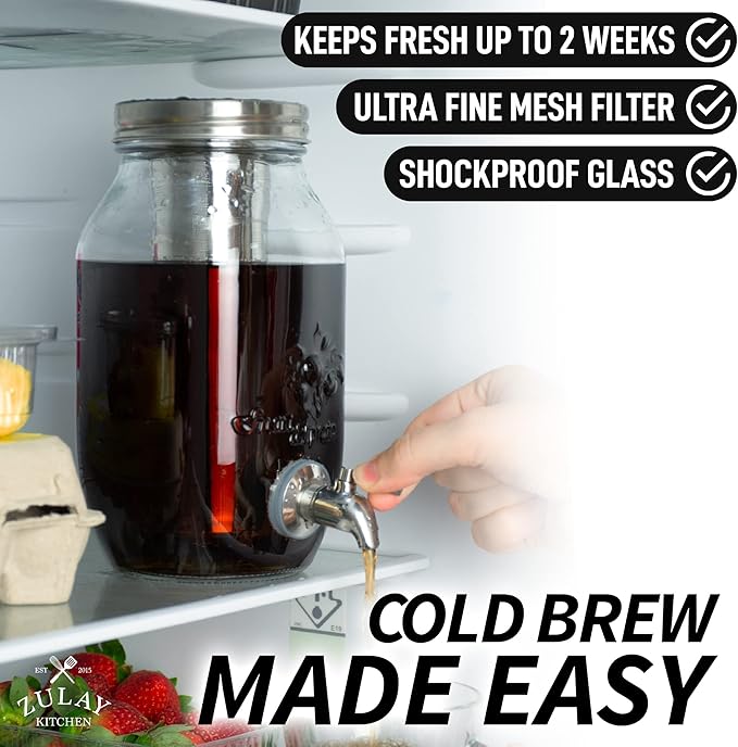 Zulay Kitchen 1.5 Liter Cold Brew Coffee Maker with EXTRA-THICK Glass Carafe &amp Stainless Steel Mesh Filter - Premium Iced Coffee Maker Cold Brew Pitcher &amp Tea Infuser