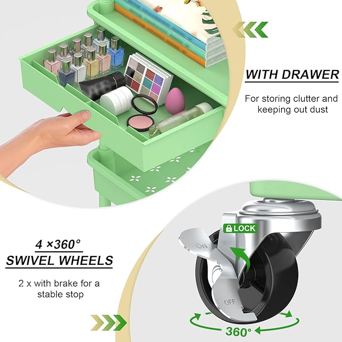 Goovilla 3 Tier Rolling Utility Cart Organizer with Removable Drawer Stable and Sturdy Green Rolling Storage Carts with 2 Lockable Wheels for Bathroom Kitchen Snack Craft Makeup Baby Essentials