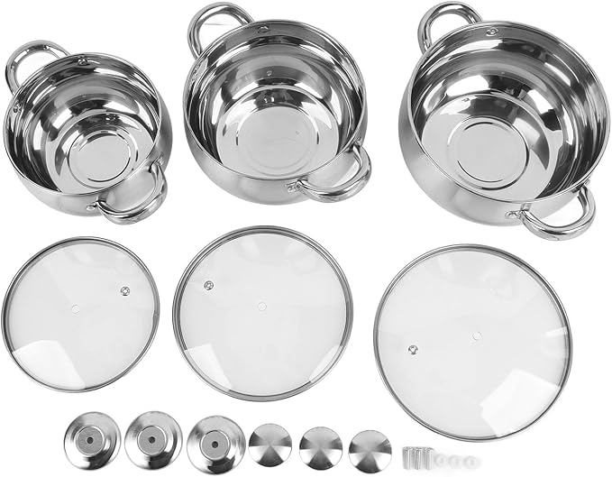 Stainless Steel Soup Pot Set 3 Piece Kitchen Cookware Sets Thick Bottom Anti Stick Cooking Pot Set with Glass Lids Stay Cool Handle Works with Induction Electric and Gas Cooktops