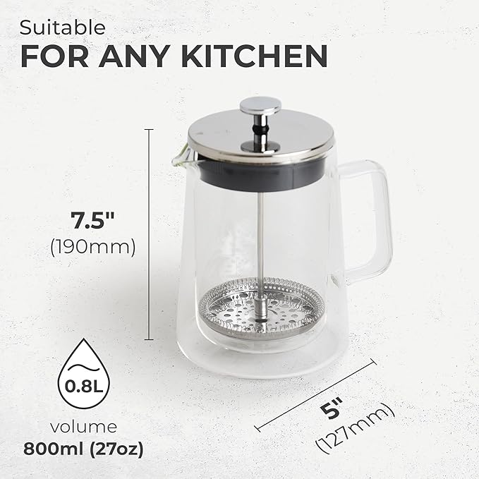 Kaffe Glass French Press Coffee Maker (27oz / 0.8L) - Double-Wall Insulated Borosilicate Glass Coffee Press - Travel &amp Camping - Homemade French Press Coffee