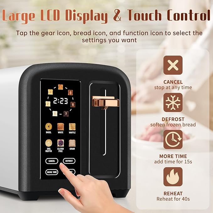 SEEDEEM Toaster 2 Slice with Touch Screen Faster Heating Speed 7 Shade Setting 6 Bread Type 1.5”Wide Slots Toaster Removable Crumb Tray 1350W Dark Chocolate