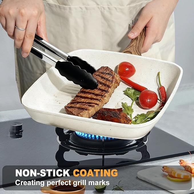 DUMOS 3 Pcs Grill Pans Set Nonstick Square Frying Pan Skillet Set with Stay Cool Handle &amp PFOA Free Compatible with All Stovetops (9.5 10 11) Light White